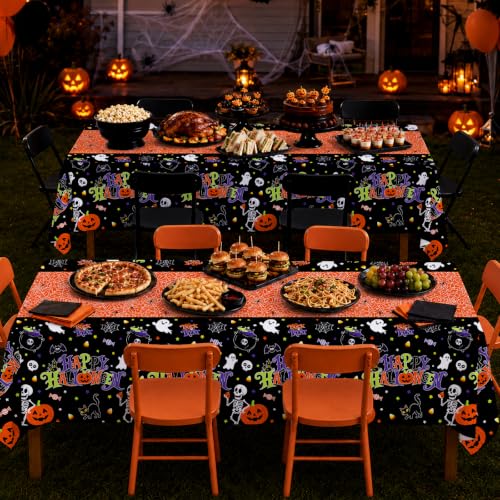 Image of 2 Pack Halloween Tablecloth, 54 x 108 Inch Disposable Plastic Table Cover, Orange Halloween Party Decorations for Halloween Decor