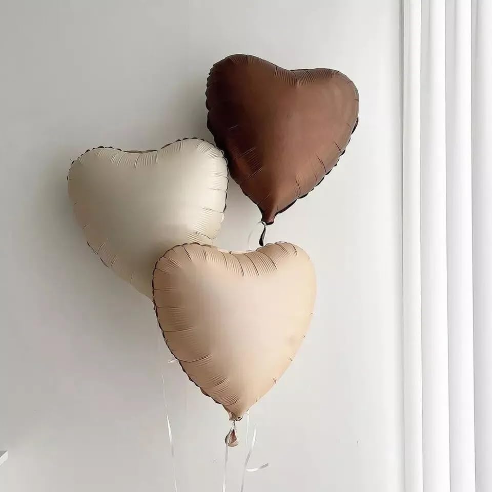 Image of Atpata Funky Boho Theme Foil Balloons - White Sand, Nude Cream, Tan Brown Caramel Shades - Stars and Hearts Shape - for Weddings, Birthdays, Baby Showers, and Party Decorations (9pcs, Hearts)