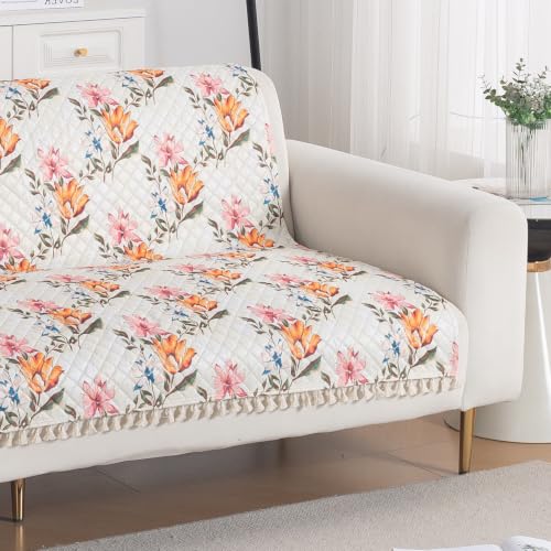 Image of HOKIPO Painterly Floral Quilted Sofa Cover for 2 Seater with Tassels for Seat & Back, 'Tassel Twigs' Series (IN-990-T8)