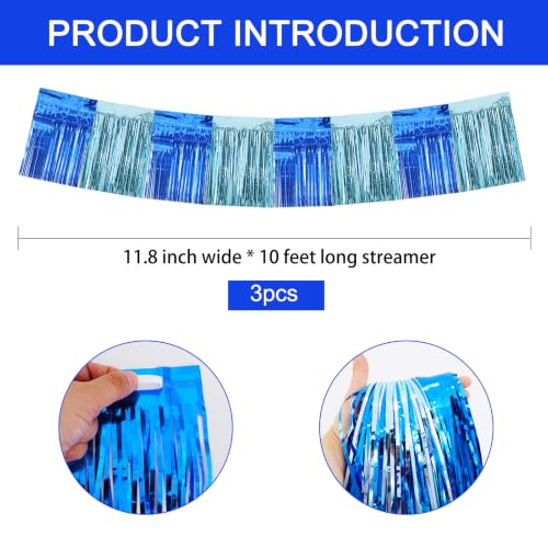 Image of BEISHIDA 3 Pack Blue Light Blue Foil Fringe Garland 30ft Wall Tinsel Banner