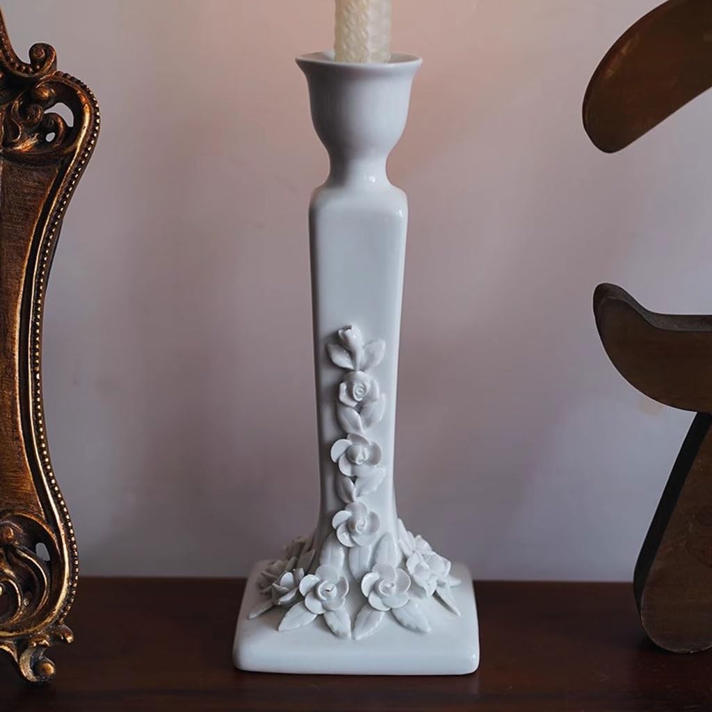 Świecznik do gospodarstwa domowego, biały, ceramiczny, ręcznie przypinany kwiat, wysoki świecznik, kreatywna kolumna rzymska, stół jadalny, atmosfera