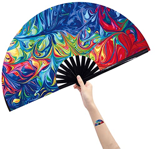 Amajiji Large Folding Hand Rave Fan Popping Fan for Line Dancing Clacking Fans for Boots On The Ground Dance,Party,Decoration,Festival (Ice Fire)