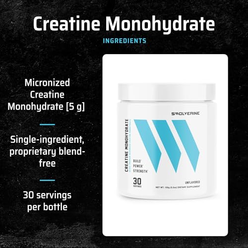 Image of Swolverine Creatine Monohydrate Powder - 5g Micronized Creatine, Third-Party Tested, Single-Ingredient, Supports Muscle Strength, Power, Recovery & High-Intensity Performance, 30 Servings, Unflavored