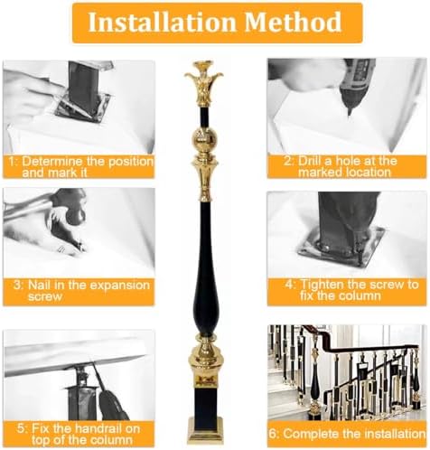 Elegant Black and Gold Metal Balusters - Magnesium Aluminum Alloy Spindles for Stairways, Decorative Support Posts for Indoor Stairs, 10-Pack