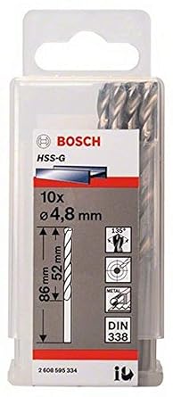 Bosch Professional Metal Drill Bits HSS-G With Diameter 4.8mm, Working Length- 52mm, Total Length- 86mm, Pack Of 10