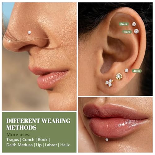 Image of SANNIDHI Earrings Set for Women Hypoallergenic Surgical Steel Internal Thread Stud Piercing Jewelry for Tragus Helix Cartilage Conch Nose Plated Lip Labret Medusa Piercing