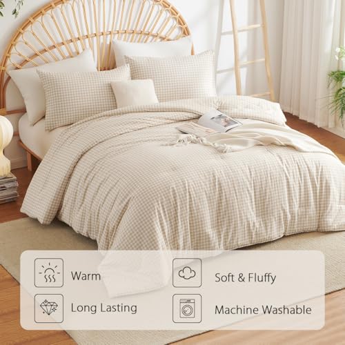 Image of Gingham Duvet Cover Full Size Beige Plaid Checkered Bedding Set 3 Pieces Vintage Grid Soft Lightweight Microfiber Comforter Cover Set with Zipper Closure and 2 Pillowcases