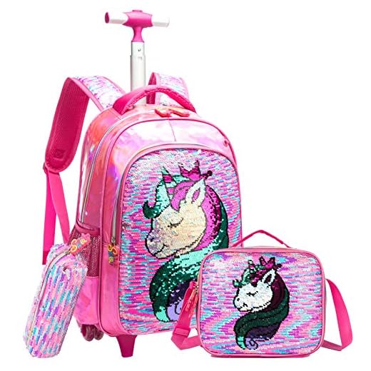 Girls Rolling Backpack Kids Backpacks with Wheels Backpack for Girls for School with Lunch Box Unicorn Reversible Sequin School Bags