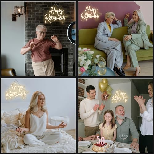 Image of LooKLight Happy Retirement Neon Sign Dimmable Neon Signs For Wall Decor Led Lights For Birthday Party Room Bedroom Decoration Celebrating Retirement Gifts USB Powered 16.54x12.09in
