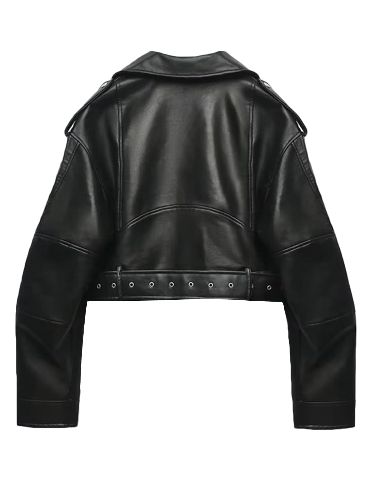 LY VAREY LIN Damen-Kurzjacke aus Kunstleder mit Reverskragen, Reißverschluss, Gürtel, Biker-Design