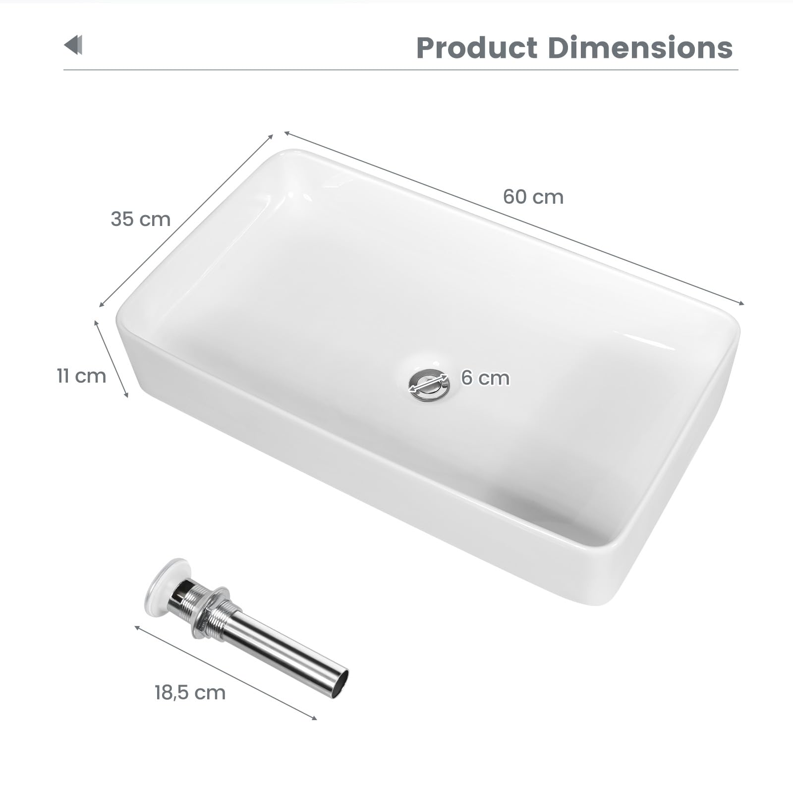 GIANTEX Lavabo rectangulaire à poser, en céramique, blanc, avec évacuation pop-up, 60 cm de large, pour salle de bain et WC d'invités ED0873DE