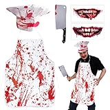 SANLIUSANJIU Juego de carnicero de Halloween, disfraz de zombi sangriento y espeluznante, delantal carnicero Halloween + tatuaje facial + cuchillo escena disfraz de terror para adultos y adolescentes