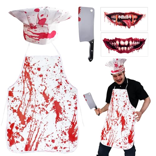 SANLIUSANJIU Juego de carnicero de Halloween, disfraz de zombi sangriento y espeluznante, delantal carnicero Halloween + tatuaje facial + cuchillo escena disfraz de terror para adultos y adolescentes