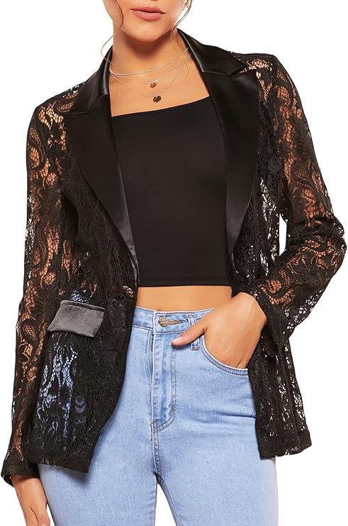 Womens Lace Blazer Open Front 3 4 Sleeve Button Down Sheer Mesh Lace Blazers Elegant Casual Blazer Jacket