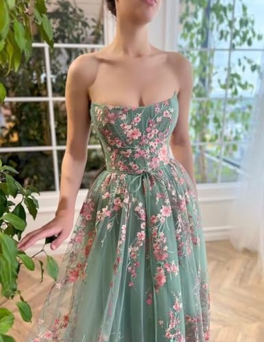 Jamille Tea Length Prom Dress with Pocket Strapless Dloral Gown Ball Gowns Tulle Formal Evening Dress Sleeveless JA00113