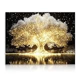 Dazzlewall Arte de Pared Árbol de la Vida Luminoso, Lienzo de Árbol Dorado Mágico con Reflexión para Dormitorio Sala 30×40 cm Sin Marco