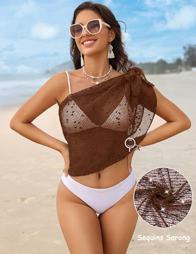Image of Ekouaer Sarong Wraps for Women Beach Cover Up Short Crochet Coverup Skirts | Sequin Sparkly Sarong Wrap Skirt, Beach Coverup Sarong, Various Ways to Wear, For Swimming, Beach, Vacation, Sea, and Pool