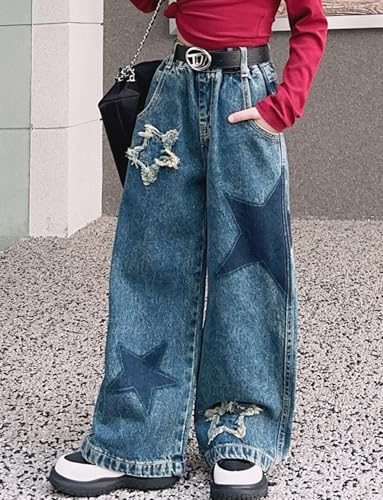 SEAUR Girls Jeans Elastic Waist Baggy Denim Pants Pentagram Washed Cargo Wide Leg Trousers Jeans3