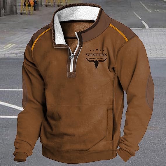 Western Hoodies For Men Aztec Ethnic Print 1/4 Zip Crewneck Fleece Pullover Vintage Sweatshirt With Pockets - Image 2