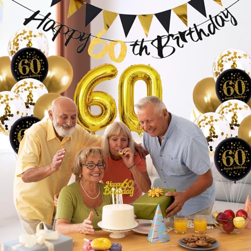 Image of Jobkoo 60th Birthday Decorations, Black Gold 60th Birthday Party Decoration for Men Women Golden Black Balloons 60th Cake Topper 60th Banner for 60 Year Old Party Supplies