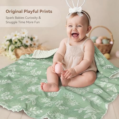 Image of BOPRIO Baby Blankets for Unisex Boys Girls Super Soft Nursery Minky Blankets with Breathable Muslin Cotton Front and 3D Touch Dotted Fleece Backing, Leaf Printed Bed Throws Newborn 30 x 40 Inch