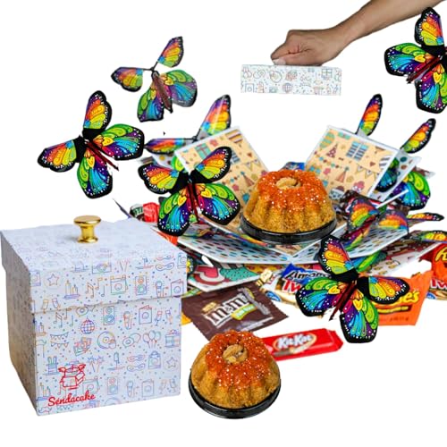 Image of Birthday Explosion Box Gift with Flying Butterfly Surprise by Send A Cake, Vegan Carrot Bundt Cake & Candy - Birthday, Holiday, Special Occasion - Gift for Women, Men, Adults, Kids