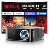 Proyector【1400 ANSI/App Oficial Integrada/36W Dolby】Smart Proyector 4K Compatible con Netflix AI Auto Focus/Keystone, Proyector1080P Nativo WiFi6 Bluetooth5.2 Zoom 50% Cine en Casa/Exterior para Movil