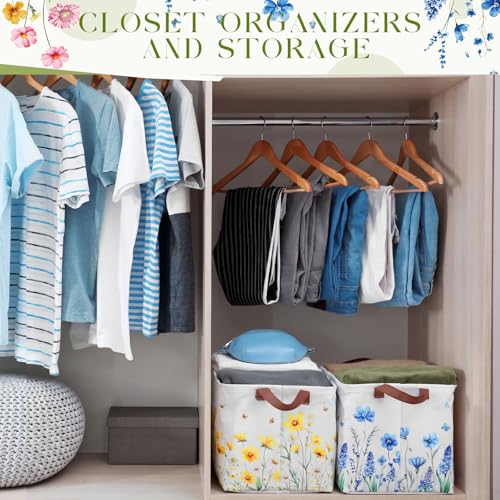 Image of Fourluoo 6 Pack Floral Storage Basket with Handles Clothes Storage Basket Bin Foldable Box Bins Organizer for Closet Shelf Nursery Kid Room Book Toy Chest(6,Flower)