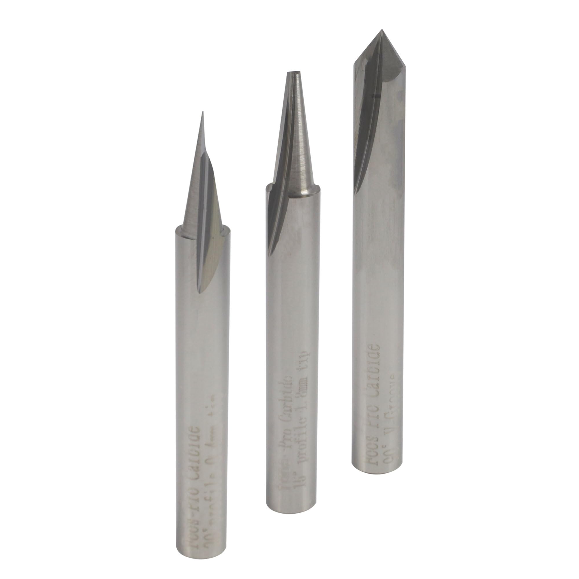 FOOS Wood Carving Router Bit Set - 3pcs 15°,20°,90° (3 Flutes) - Solid Carbide - 1/4” Shanks - USA Veteran Owned