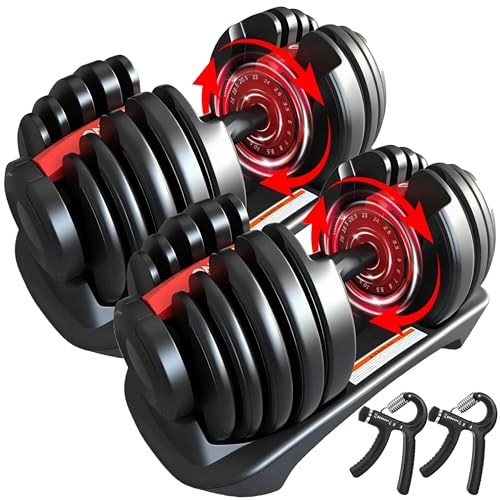 HAKENO 2x24kg Pair Adjustable Dumbbell 15 Weight in 1 with Fast Automatic Adjustable and Weight Plate for Body Workout Home Gym dumbbell（Include 2 Dumbbells + 2 Hand Gripper)
