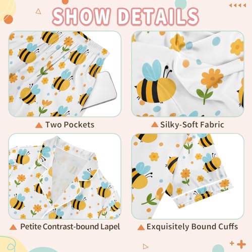 Bee with Yellow Flower Satin Summer Pajama Sets Silk Short Sleeve Button Down Sleepwear3