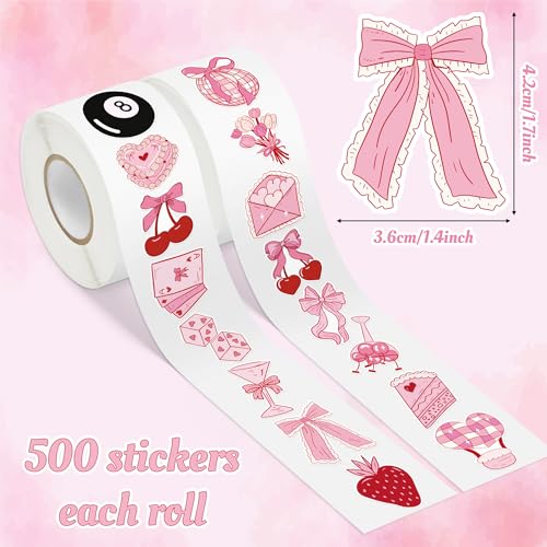 Image of Pink Bow Stickers Rolls - 1000 Pcs Retro Vintage Coquette Bow Aesthetic Pink Waterproof Vinyl Reusable Laptop Sticker Scrapbook Water Bottle Page Activity Pad Brithday Party Favor Skateboard