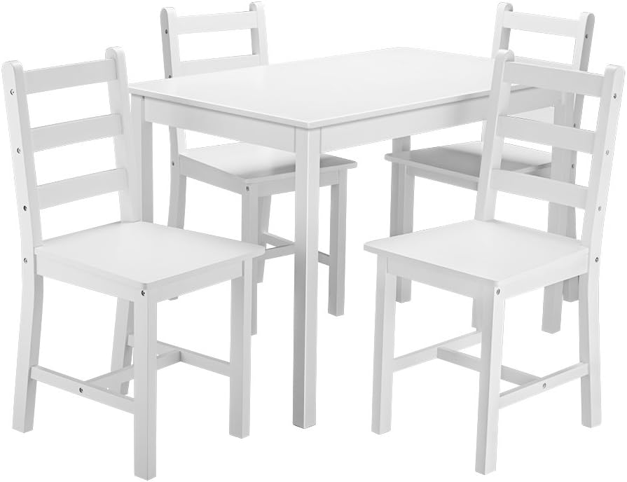 Yenlon White Solid Wooden Dining Table With 4 Chairs Dinning Room Set