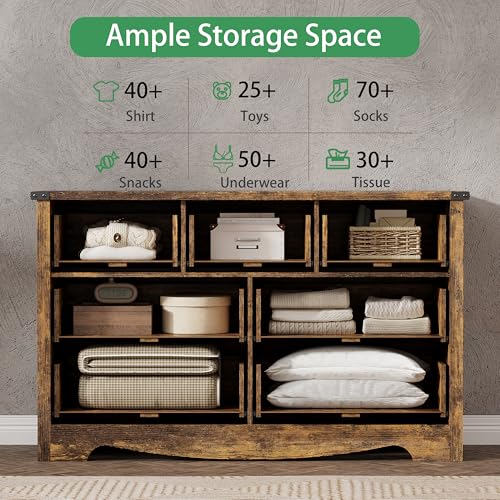 Image of Dresser for Bedroom with 7 Drawers, 48 inch Wide Wood Chest of Drawers with Deep Drawers & Mental Handle, Modern Dresser TV Stand, Wooden Closet Storage Organizer for Living Room, Hallway, Entryway, Brown