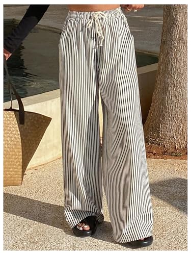GORGLITTER Women's Striped Linen Pants Wide Leg Drawstring Causal Trousers Streetwear4