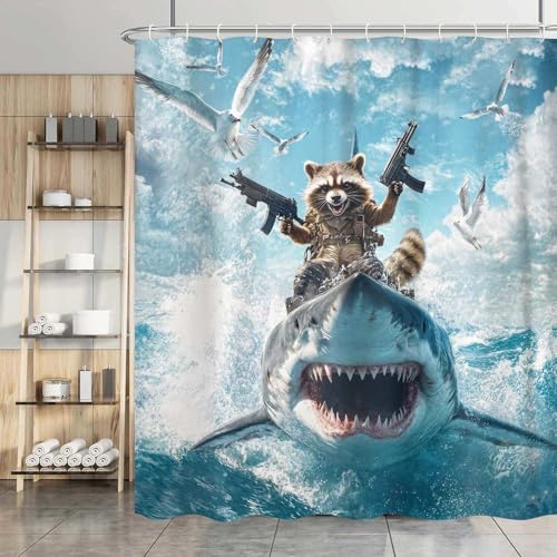 Image of Funny Kids Shower Curtain, Cool Raccoon Riding Shark Ocean Shower Curtains for Bathroom, Fun Nautical Animal Fabric Bathroom Accessories Decor Curtain, with Hooks 72x72 Inch