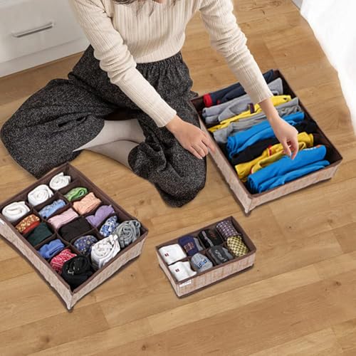 Image of HOKIPO Fabric Undergarment Clothing Organizer Storage Box for Drawers Bra Panty Socks Tie Lingerie Organizer for Wardrobe, 3 Pcs-8+8+18 Grids (NEW-333 + 334 + 335), Brown