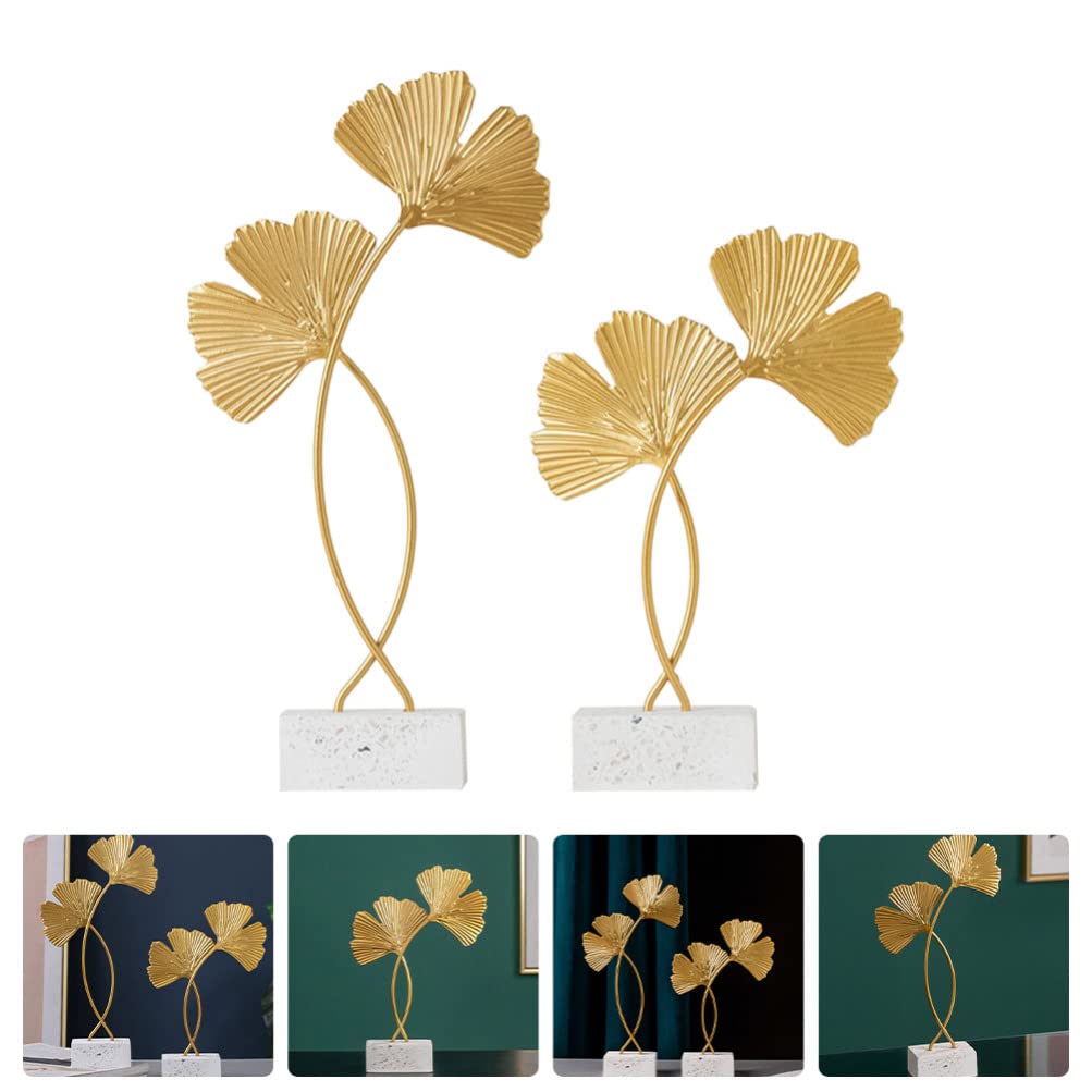 Cabilock 2Pcs Golden Gingko Leaf Statue Gold Leaf Metal Sculpture Metal Iron Leaf Sculpture Figurine Table Home Decoration with Wood Base for Bedroom Living Room Decor