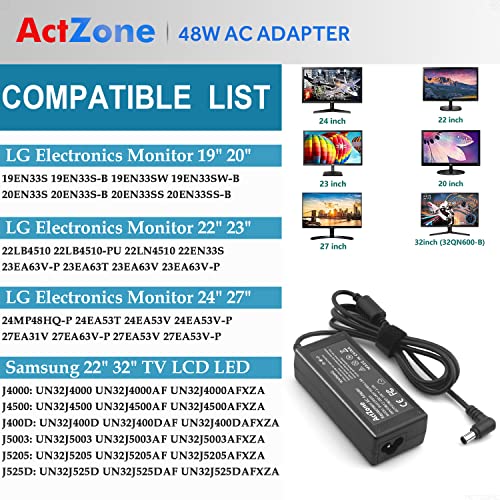 DC 19V Power Cord TV Charger for LG Electronics 19\" 20\" 22\" 23\" 24\" 27\" LED LCD Monitor Widescreen HDTV 24M47H-P 24MP55HQ, Samsung 32\" J5205 J5003 H5000 UN32J4000 UN32J4000AF UN32J5205 A4819-FDY