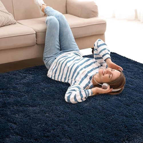 Image of AROMICK Modern Polyester Anti Slip Shaggy Fluffy Rug and Carpet for Living Room, Bedroom & Dining Room (4 x 6 Feet, Blue)