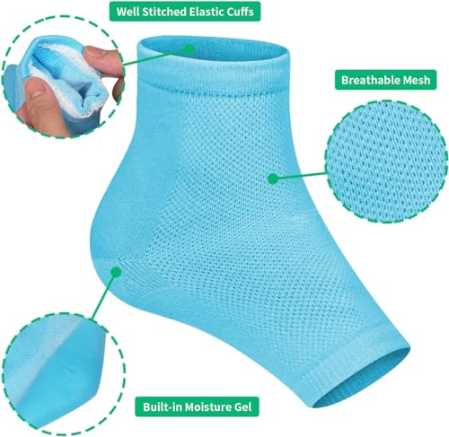 Image of UCRAVO Moisturizing Heel Socks for Women - Blue Gel Silicone Socks for Cracked Heels & Dry Feet - Soothing Hydration Gel Lining & Night Repair Sleeves