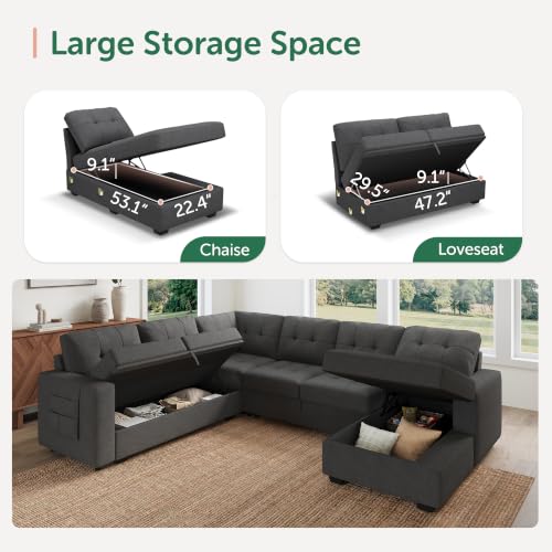 Image of HONBAY Modular Sectional Sleeper Sofa with Pull Out Bed, U Shaped Sleeper Couches with Storage Chaise, 114'' Sleeper Sectional Sofas for Living Room, Apartment (Dark Grey)