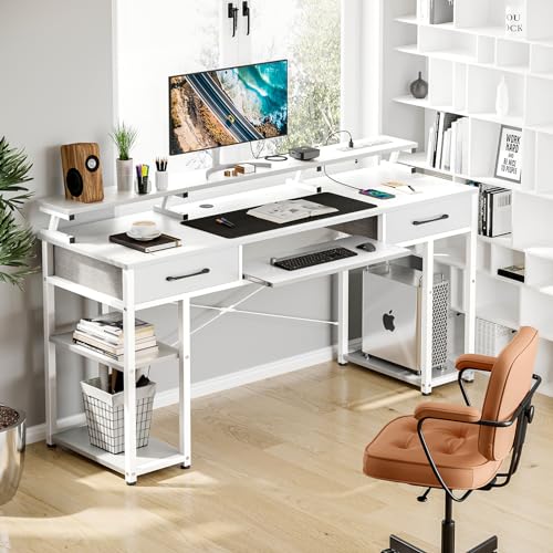 Streamlined Office Desk for Professionals: 63-Inch Workspace with Power, Storage, and Monitor Stand