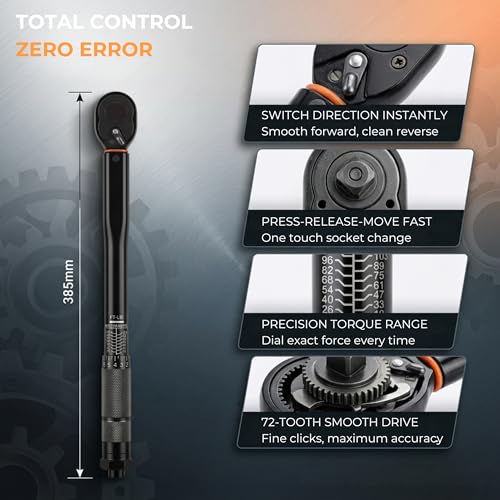 Image of HUPLA 3 /8 inch Drive Click Torque Wrench (14-81 Ft-Lb / 19-110 Nm) | Dual Range Micrometer Adjustable Ratchet Wrench for Car, Bike & Light Duty | Torque Tool with Storage Case - Fixed Square