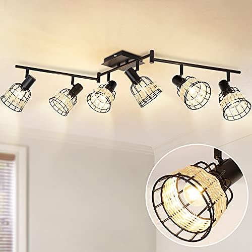 Depuley Led Ceiling Light, 6 Ways Rotatable Ceiling Spotlight, Black Metal Base and Rattan Lampshade for Kitchen, Living Room, Bedroom, Dining Room, E14 Bulb Base