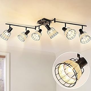 Depuley Led Ceiling Light, 6 Ways Rotatable Ceiling Spotlight, Black Metal Base and Rattan Lampshade for Kitchen, Living Room, Bedroom, Dining Room, E14 Bulb Base
