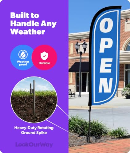 Image of LookOurWay Feather Flag Pole Kit - 7 Feet Tall Advertising Banner with Fiberglass Pole Set and Ground Spike for Business Promotion - Open Flags - Open Blue & White