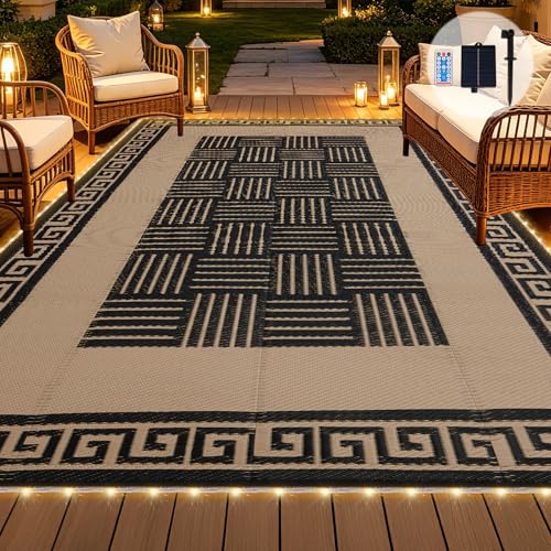 YONILE Solar LED Outdoor Rug 9x12 ft Waterproof for Patios Clearance Reversible Outdoor Plastic Straw Rug RV Mat Outside Indoor Outdoor Carpet for Porch Deck Backyard Balcony Picnic