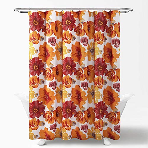 Image of Lush Decor Leah Floral Shower Curtain, 72 inch W x 72 inch L, Red & Orange - Fabric Shower Curtains - Watercolor Botanical Bathroom Curtain - Farmhouse & French Country Decor