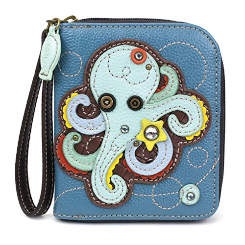 Image of CHALA Zip Around Wallet, Wristlet, 8 Credit Card Slots, Sturdy Pu Leather - Octopus - Blue